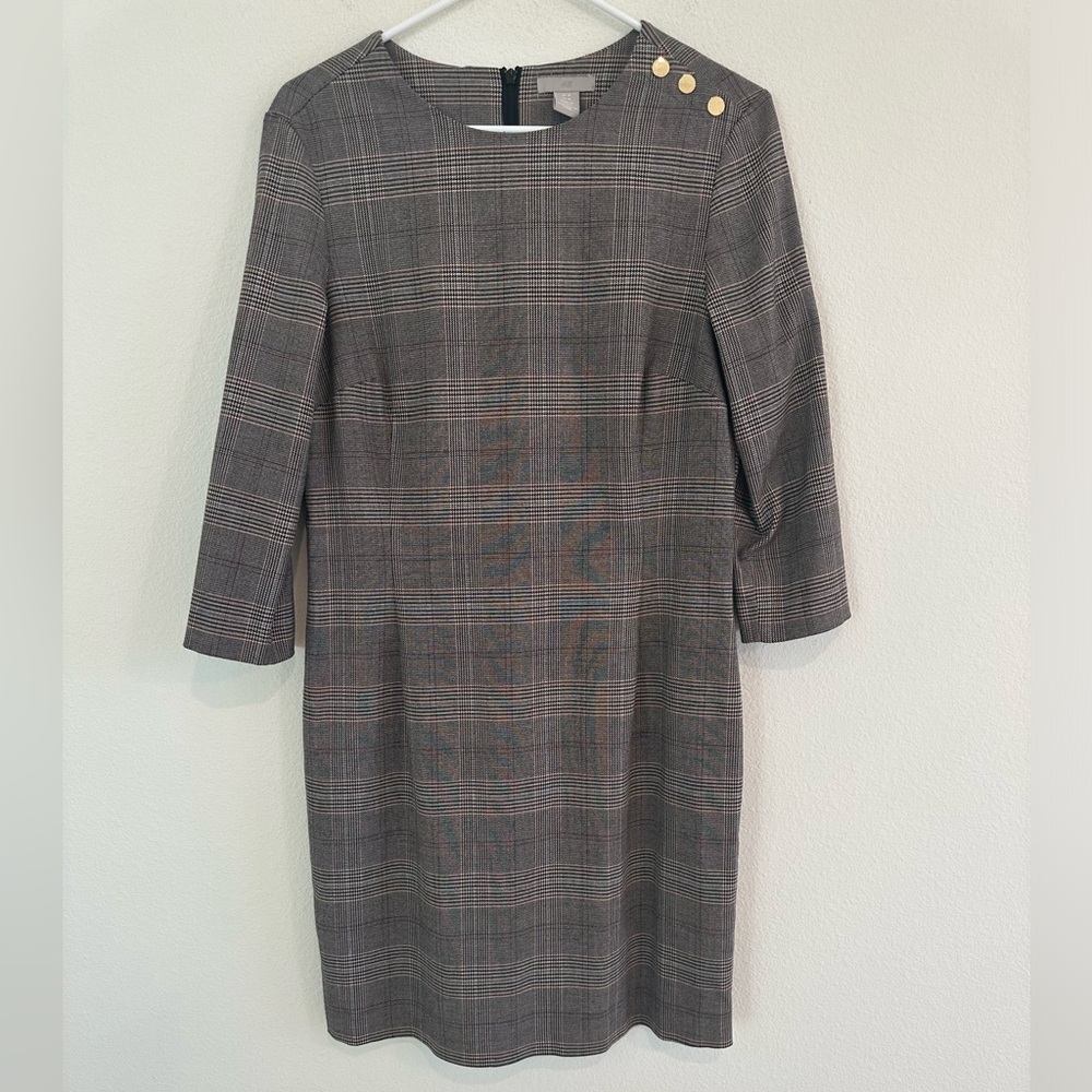 Women’s H&M Grey Tan Brown Plaid  check 3/4 Sleeve Dress
